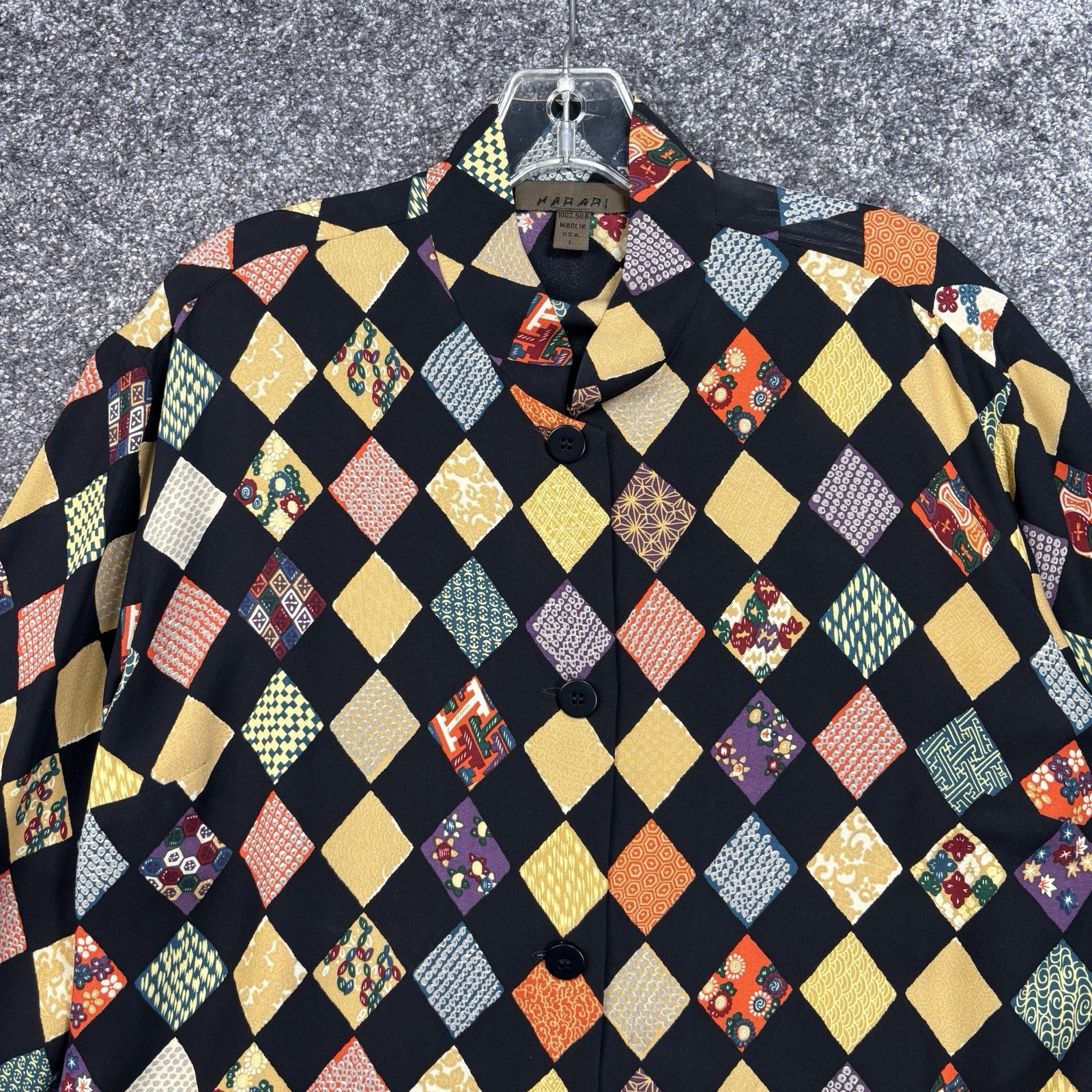 Harari Blouse Top & Pants Womens Large 100% Silk Asian Art To Wear Argyle READ