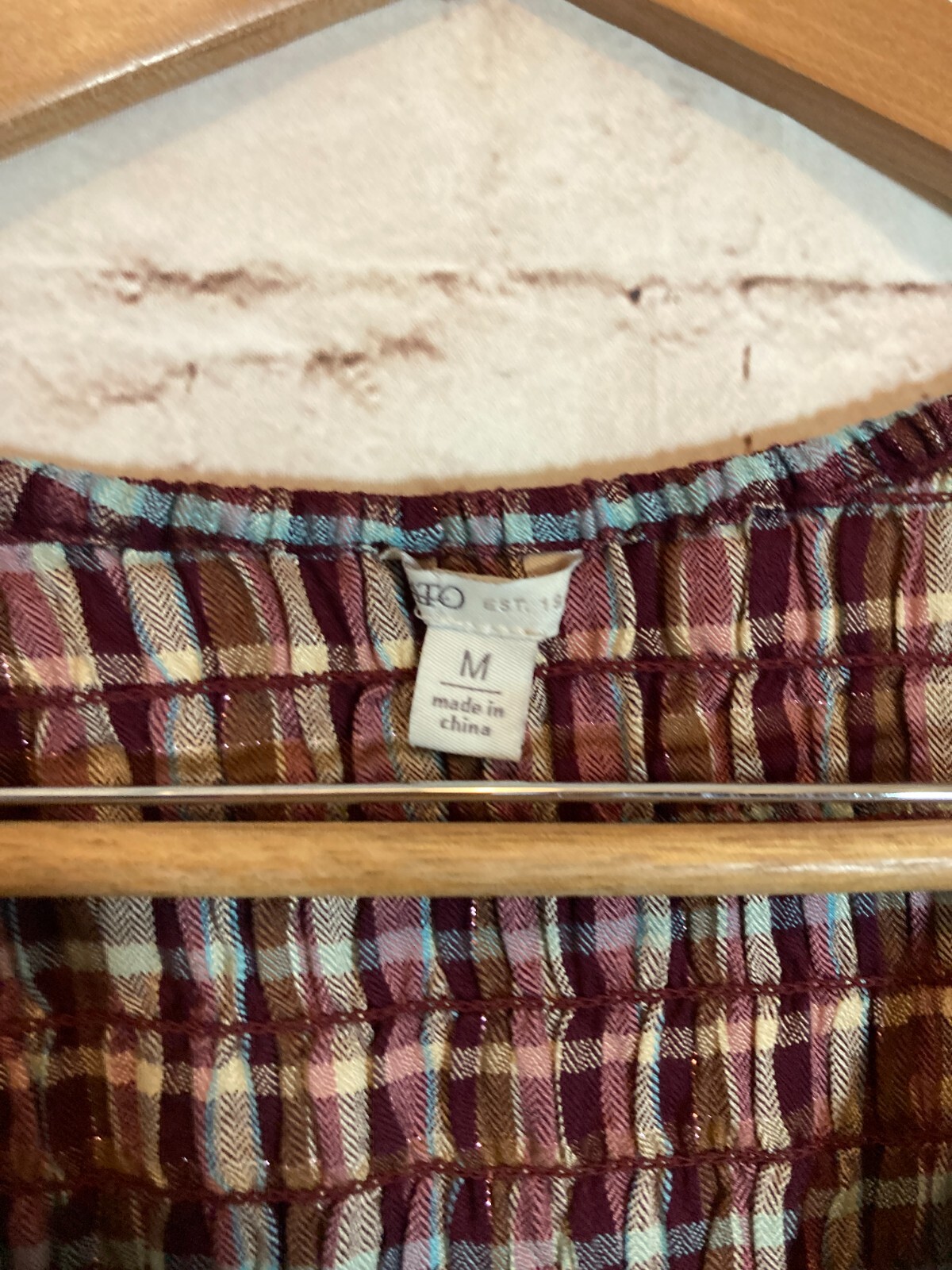 Cato Babydoll Top Womens Medium Maroon Red Plaid Smocked Flared Sleeve Flowy