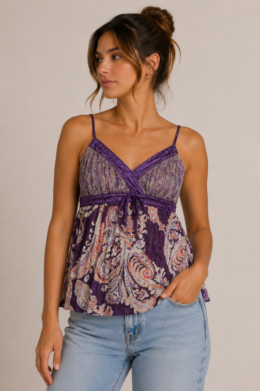 Vintage Y2k Mixit Tank Top Medium Purple Paisley Babydoll Cami Fairy Satin USA