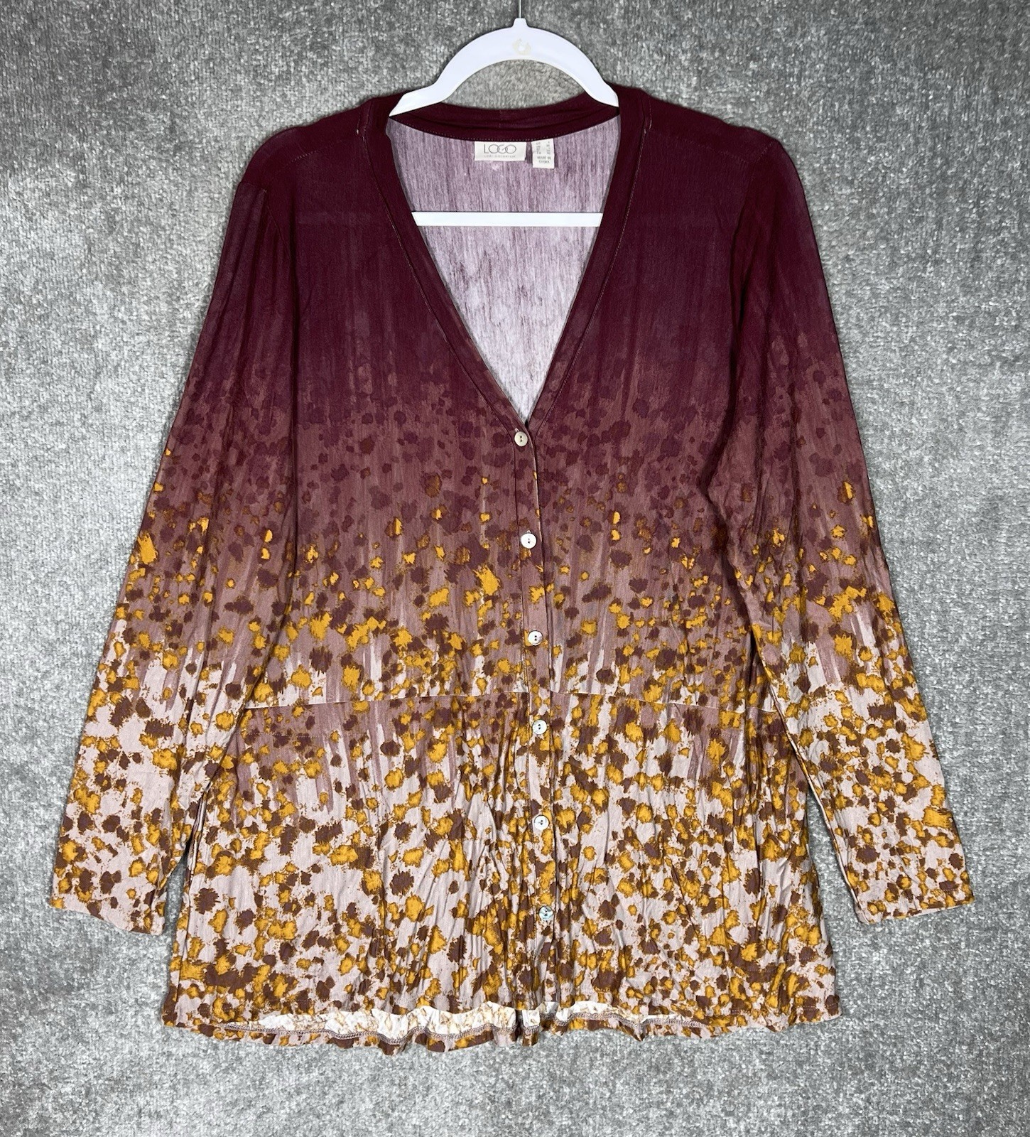 LOGO Lori Goldstein Button Up Tunic Cardigan Womens Size L Animal Print Pockets