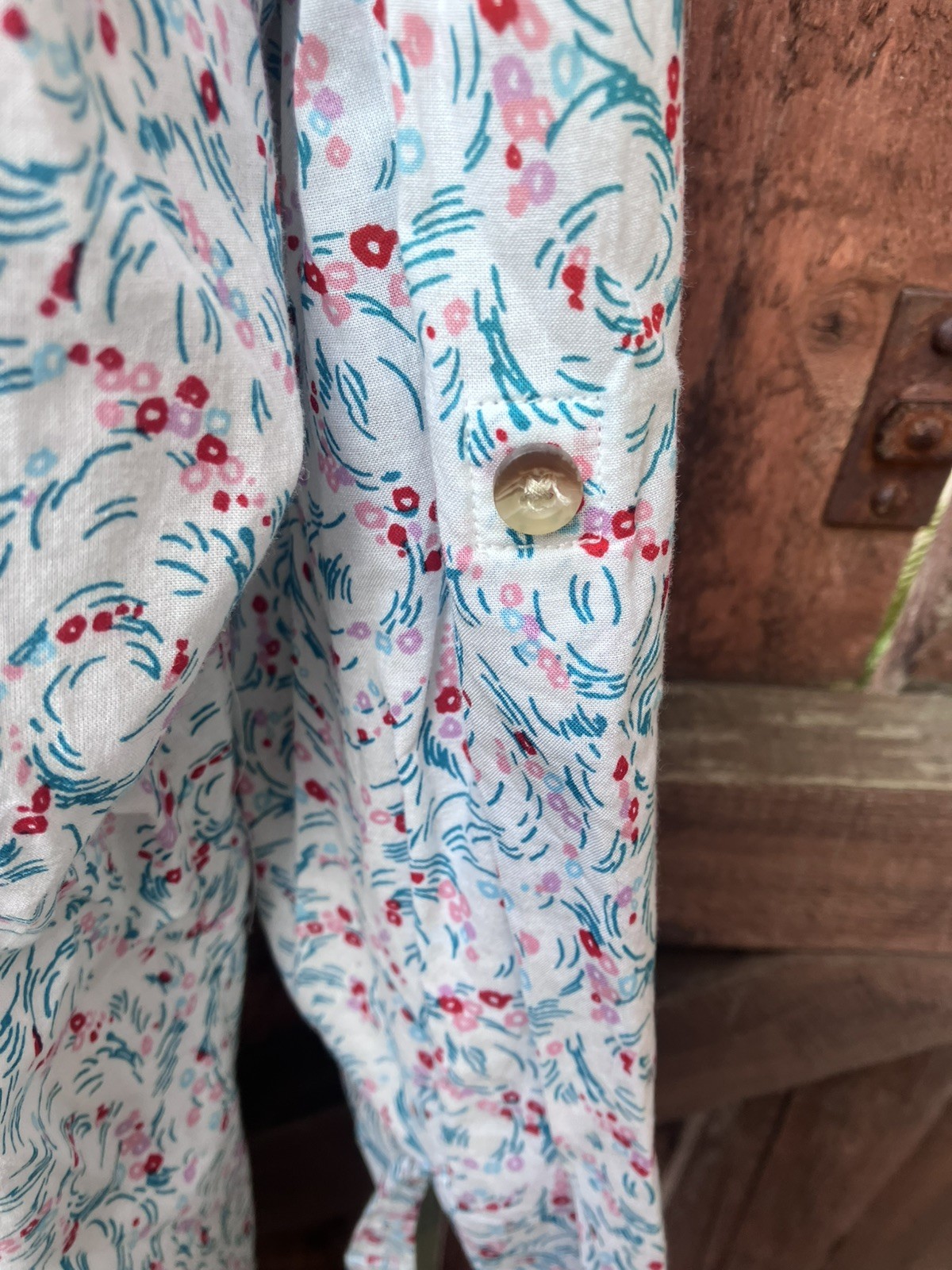 M&S Collection Floral Cotton Blouse UK22 White/Pink/Red Roll Tab Sleeve Pleats