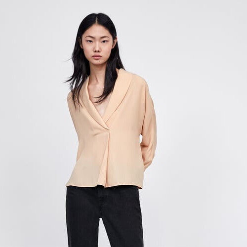 ZARA Womens SHIRT Blouse M 3/4 Sleeve Shawl Collar Front Pleat Crinkle Free Aprocot Kimono