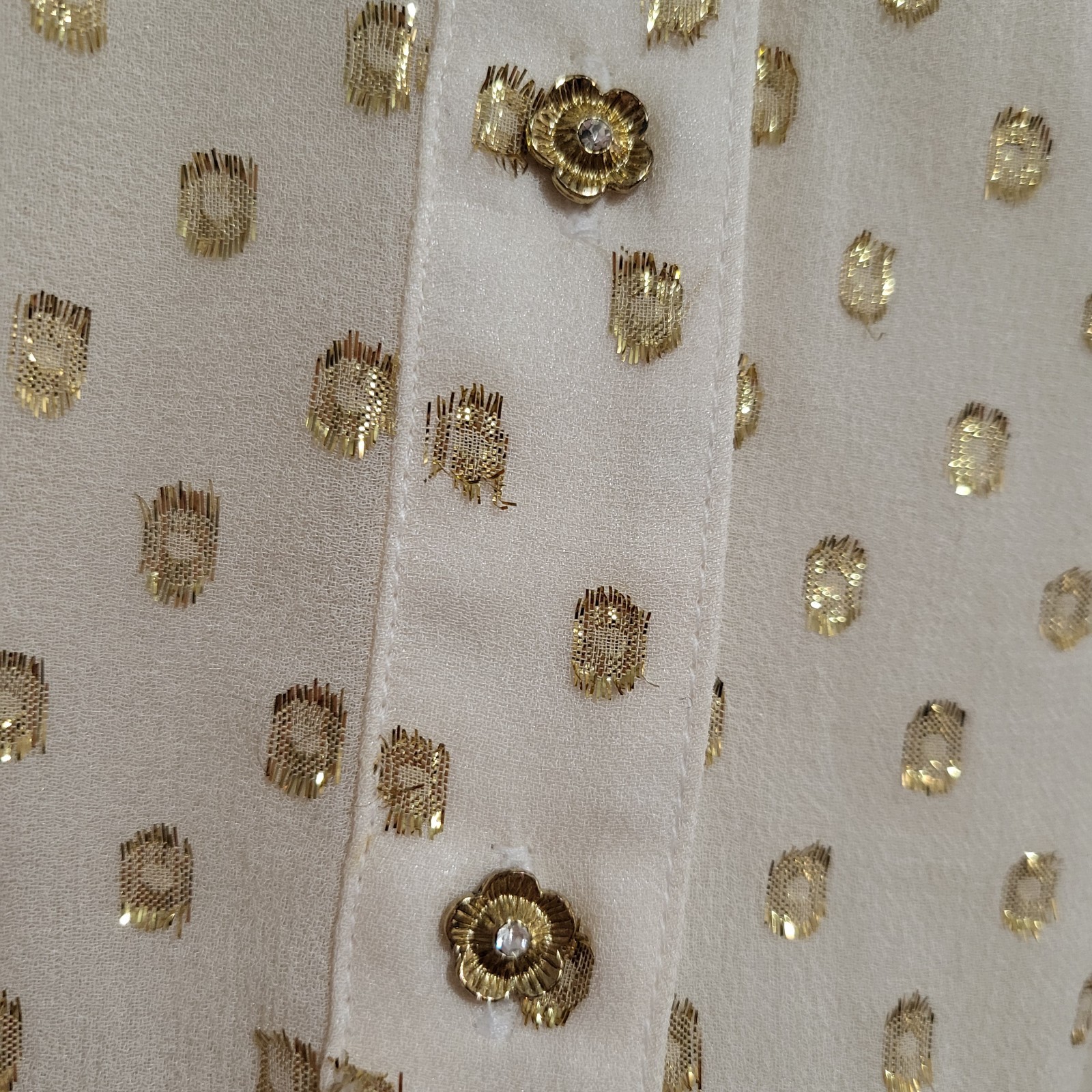 Bebe Cream Gold Ruffle Short Sleeve Button Front Semi Sheer Silk Blouse Size S