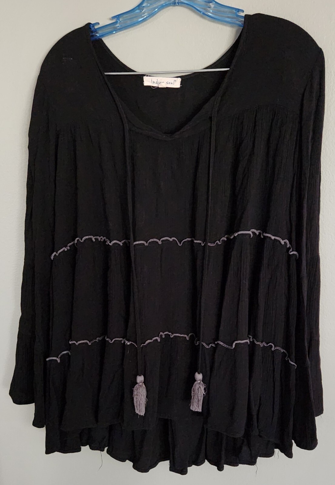 Indigo Soul XL Black Boho Blouse Flared 3/4 Sleeves Split V-Neck Tassels