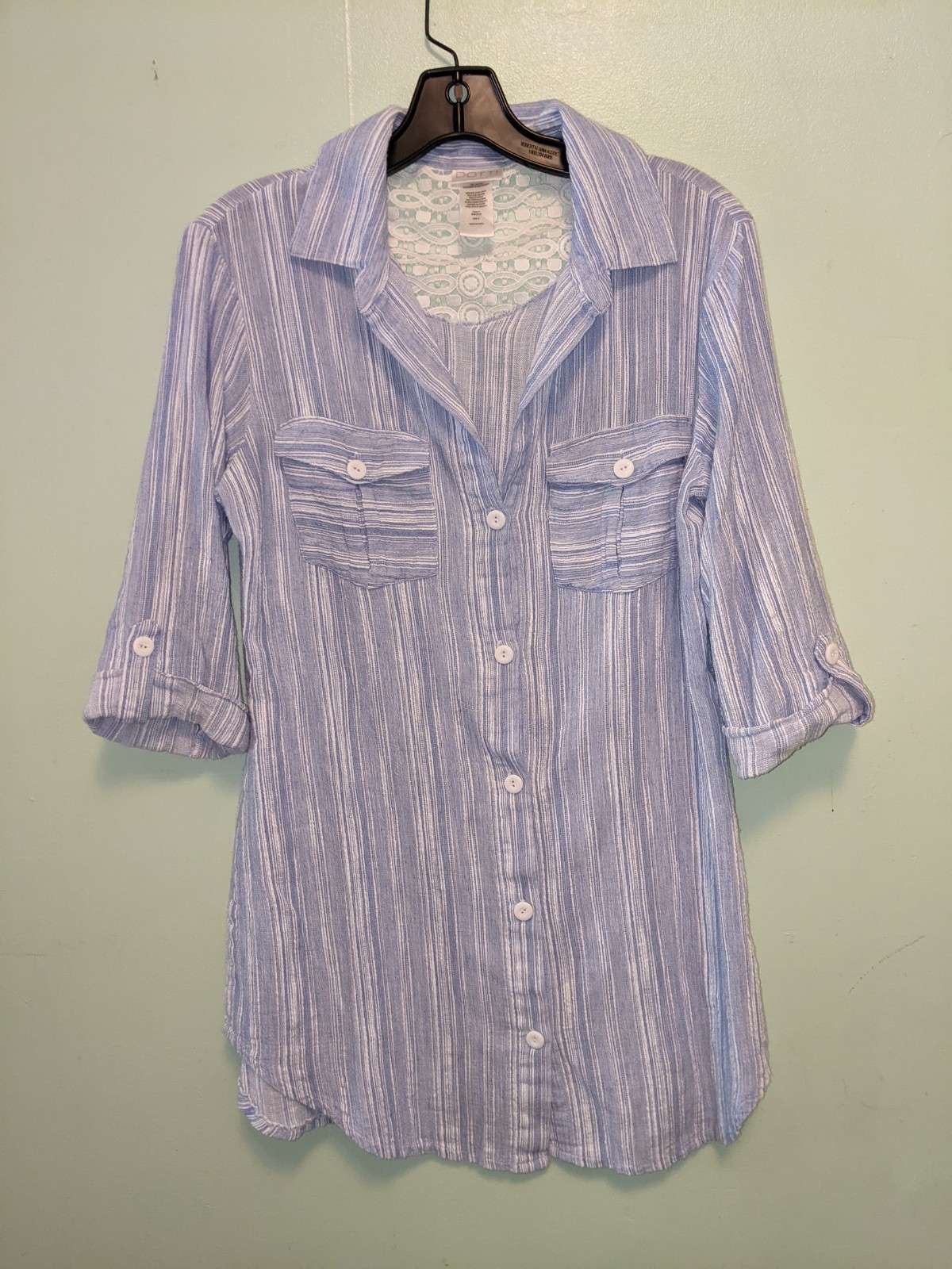 Dotti Small Blouse Top White Lace Light Blue Buttons 3/4 Sleeve Roll Tab Cotton