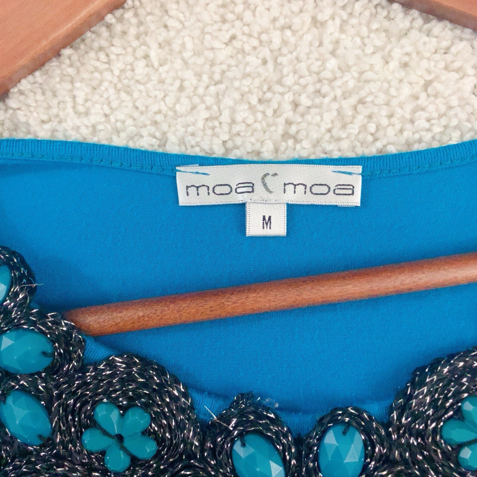 Moa Moa Teal Blue Black Beaded Ruch Blouse Shirt Top M Medium