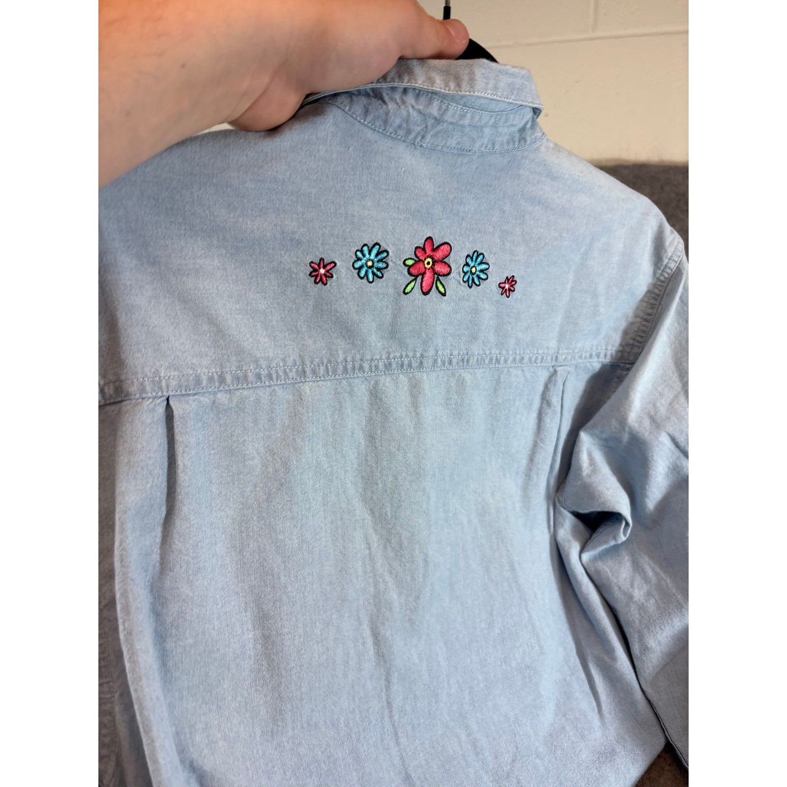 VINTAGE 90s Disney Store Denim Shirt Womens Blue Winnie The Pooh Floral Small