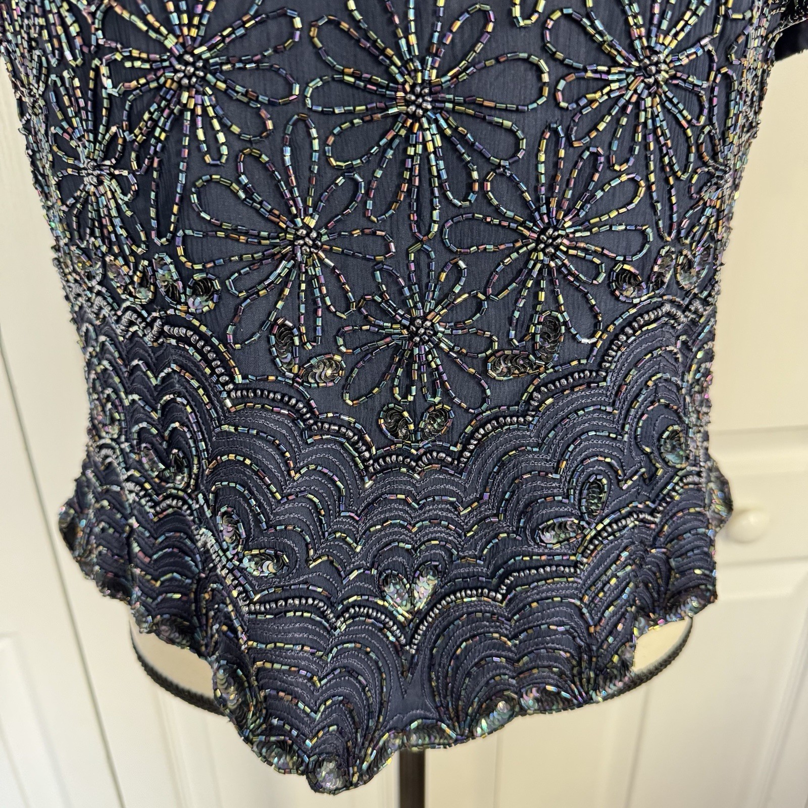 Vintage Papell Occasions Evening Navy Beaded Sparkle Top Blouse Shirt Silk SZ 12