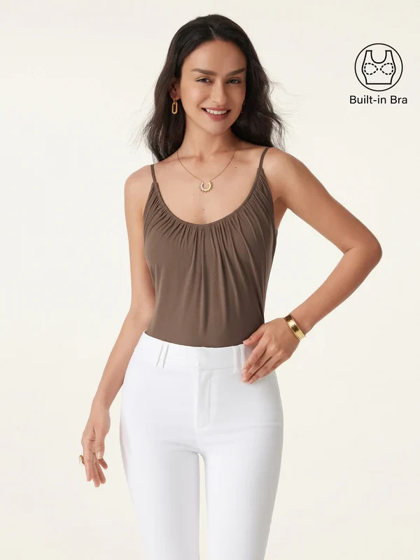 OGL Women’s Scoop Neck Gathered Spaghetti Bra Tank – No Import Fees