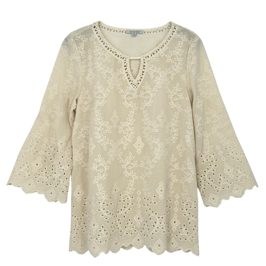 John Mark Women’s MEDIUM Ivory Eyelet Lace Bell Sleeve Velvet Embroidered Top