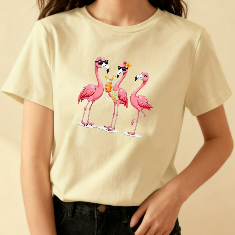 Vacay Flamingo Squad with Drinks Graphic T-Shirt Summer Casual Tee Women’s Top