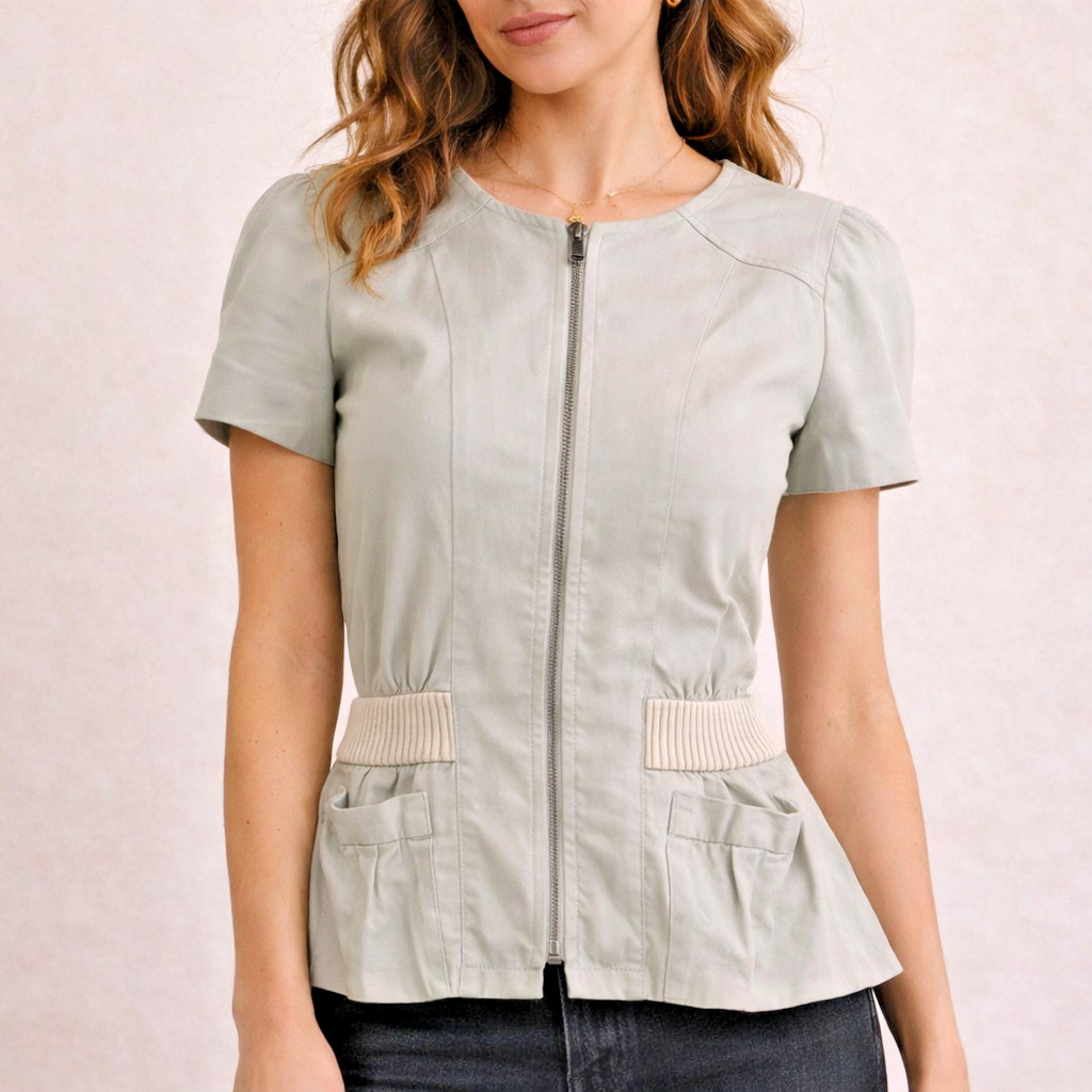 Vintage Generra Zip Front Peplum Jacket Sage Green Short Sleeve Top Womens 4