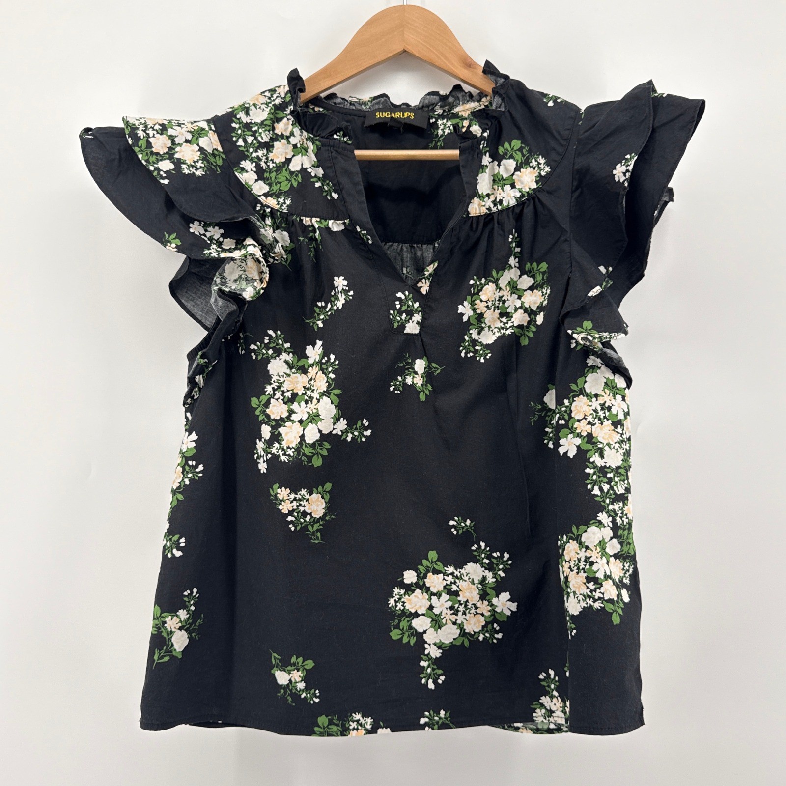 Sugarlips Black Emery Floral Split Neck Ruffle Sleeve Cotton Top Medium Womens
