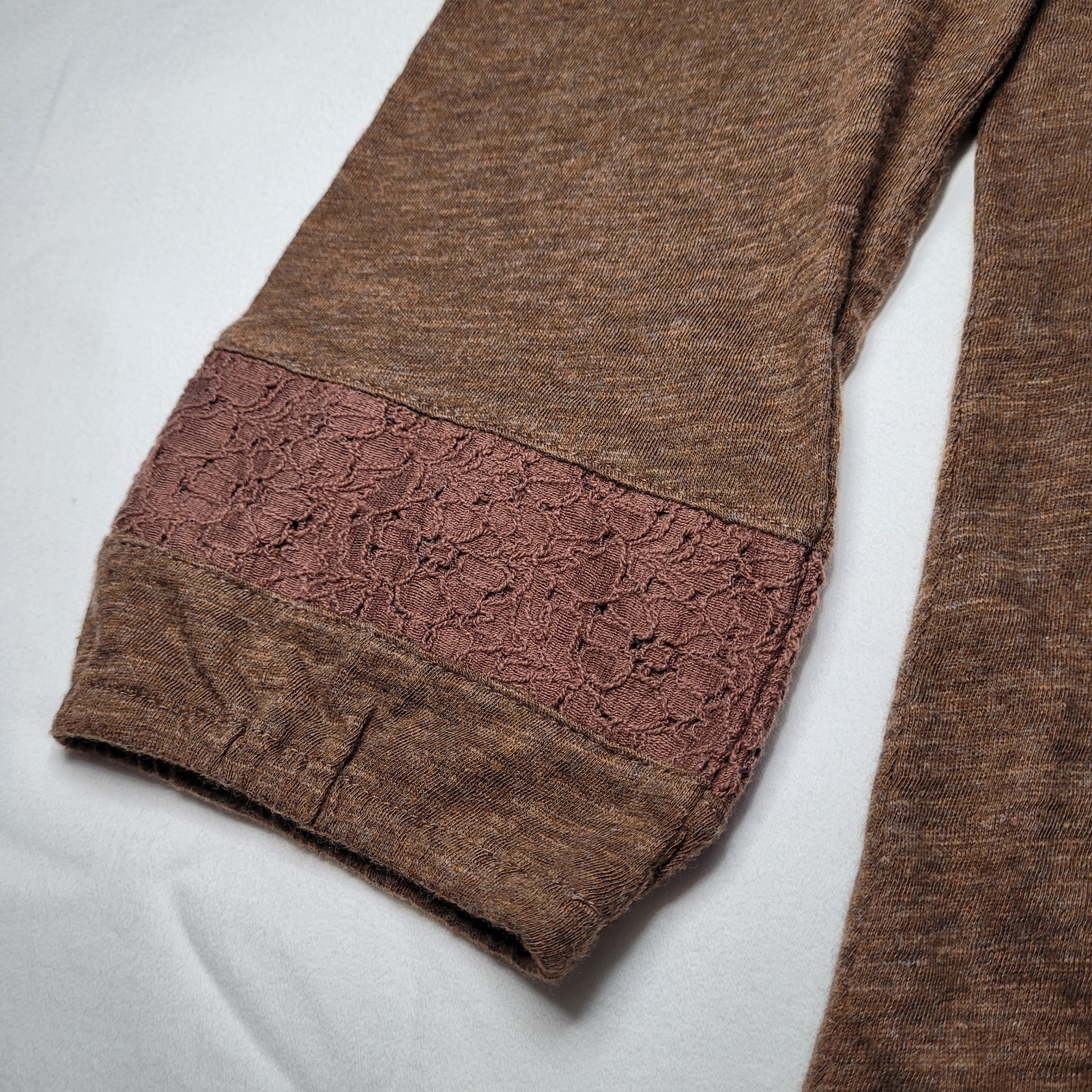Natural Reflections Lace Trim Henley Blouse Womens Medium Brown Cottagecore Boho