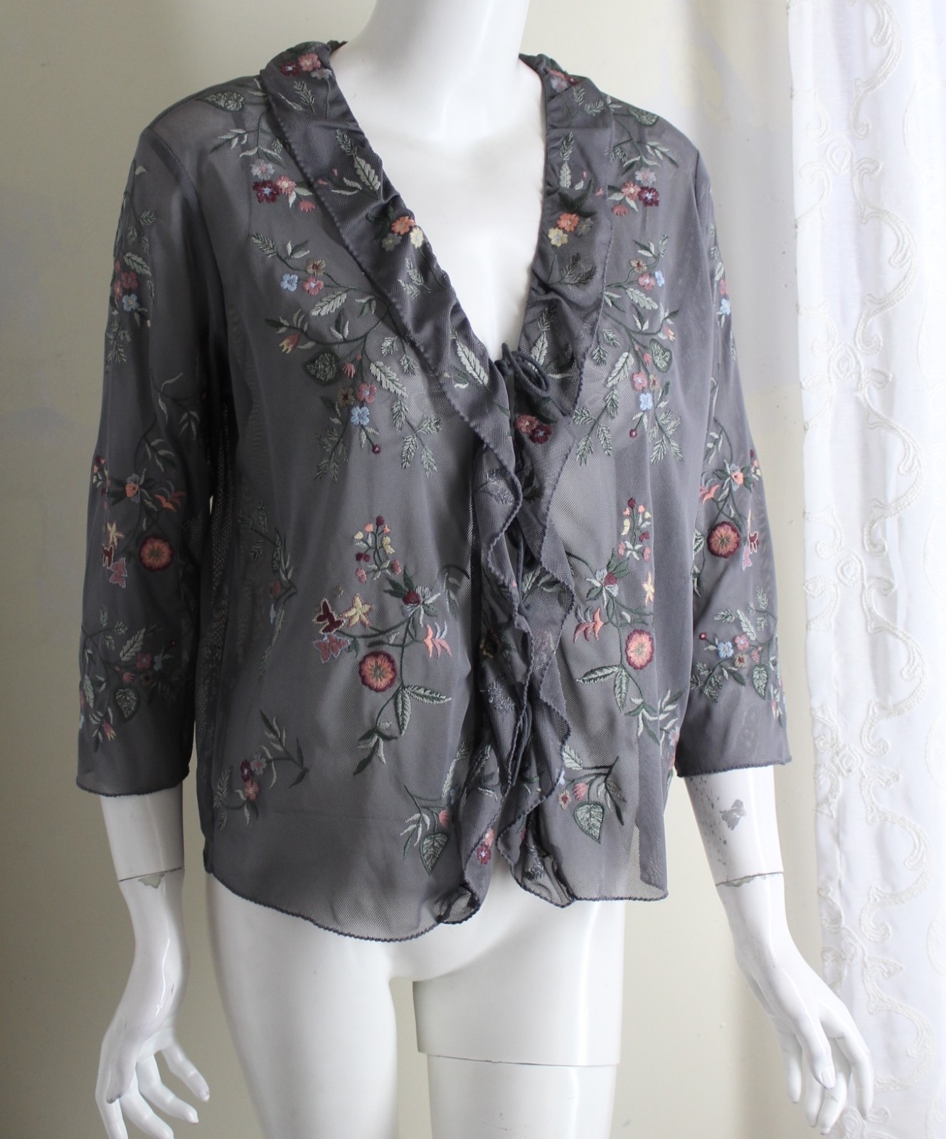 j.jill S Gray Vintage Frilly Embroidered Feminine Mesh Cardigan Topper Jacket