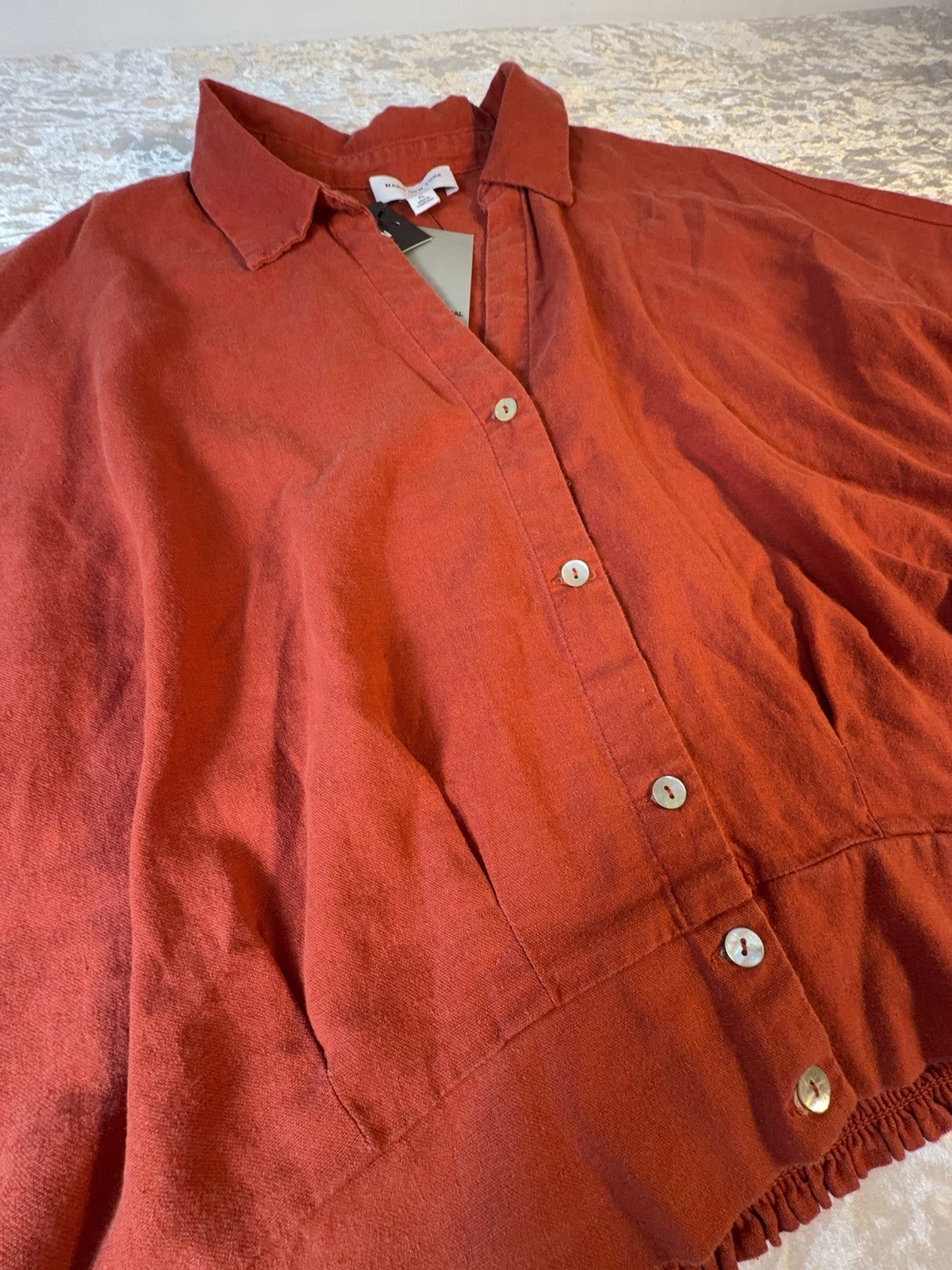 NWT Marc New York Jeans Linen Blend Crop Top XL Rust Button Front Smocked Hem