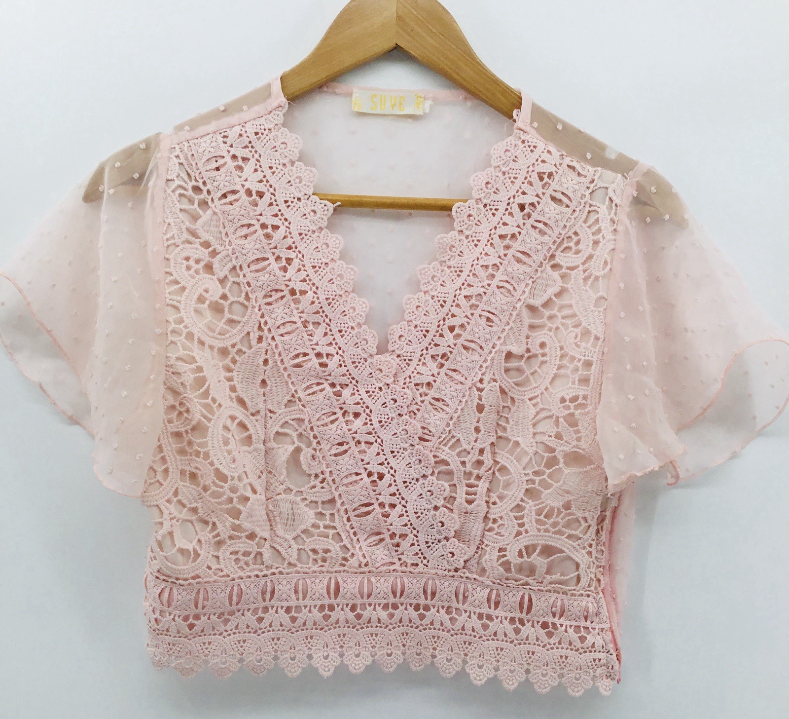 Suye Pink Crochet Lace Crop Top Sheer Sz S Flutter Sleeve Boho Festival JJ33