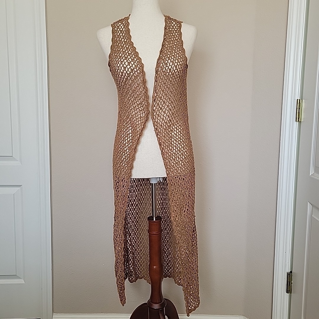F21 Brown Crochet Long Vest Duster Womens Sz M Bohemian Western Festival Open