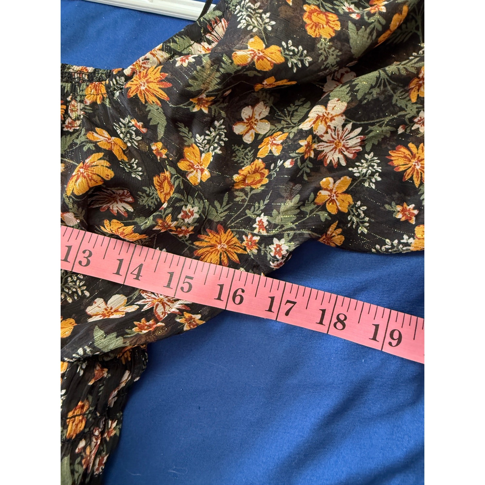 Rabbit Rose floral cinched sheer blouse womens small smocked peasant cottagecore