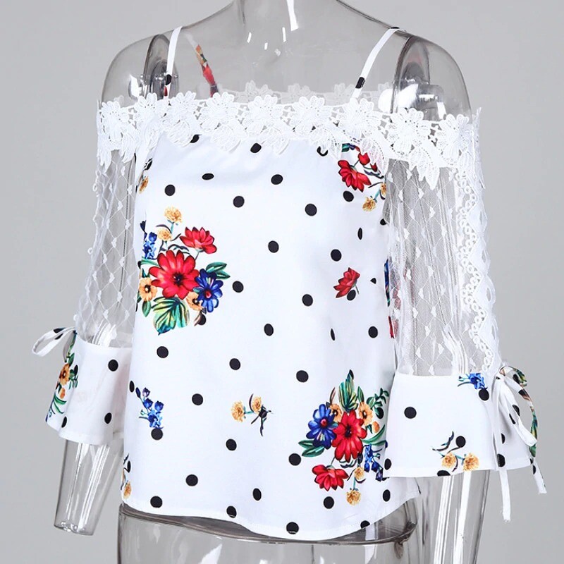 Blusas Elegantes Fina De Moda Transparente Casuales Estampada De Encaje De Mujer