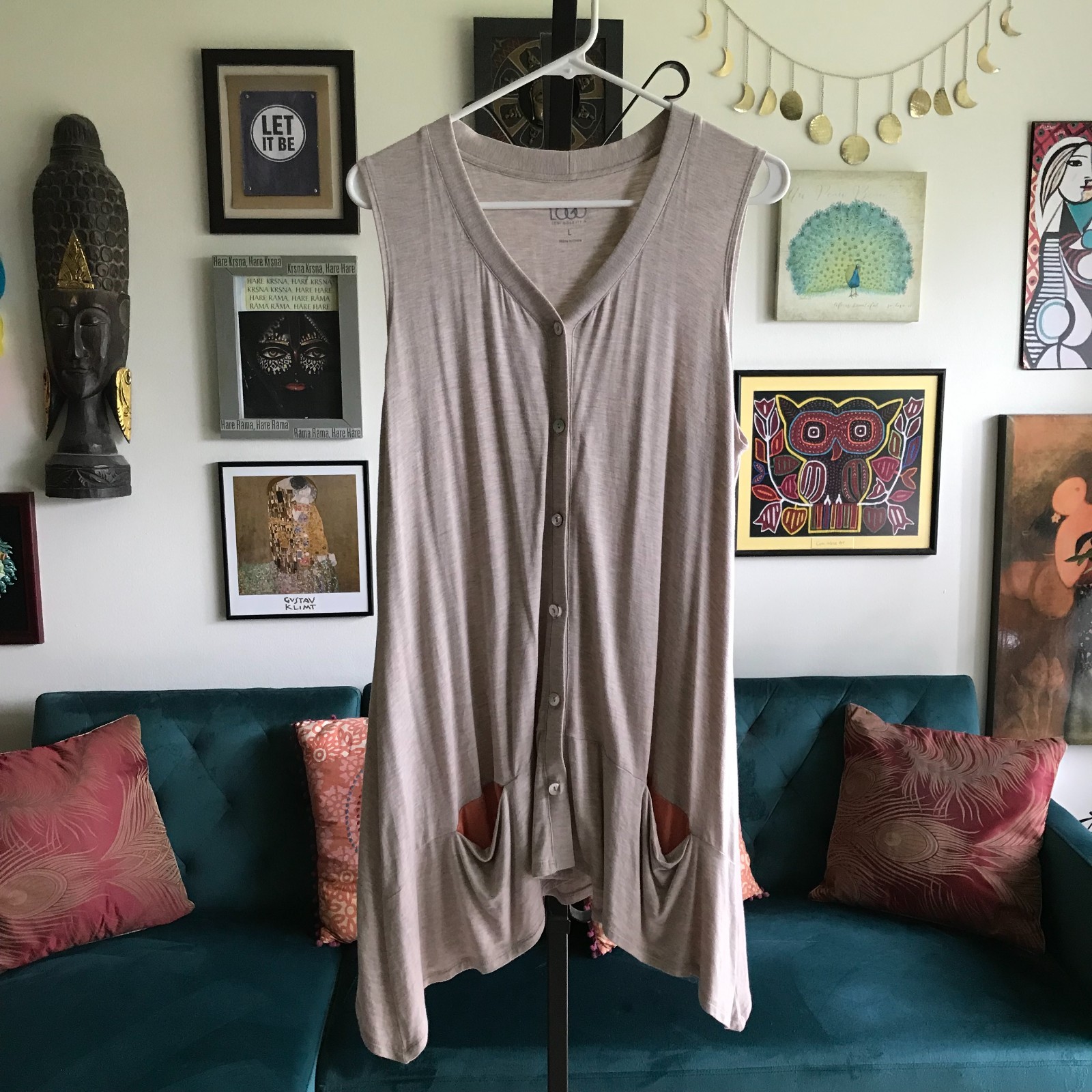 LOGO Lori Goldstein size L Heather Beige Button Front Sleeveless Top Vest