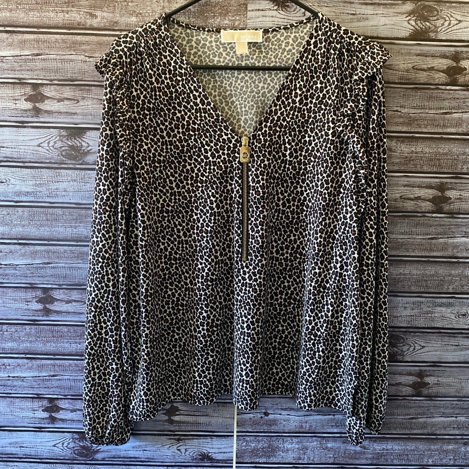 Michael Michael Kors Women’s Long-Sleeved Blouse Sz L Animal Print V-Neck Zipper