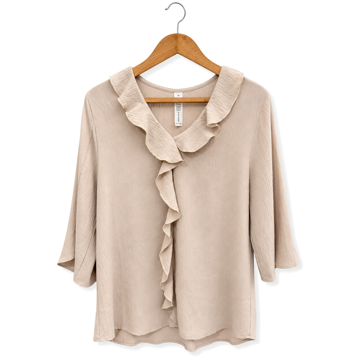 Blooming Jelly Womens Ruffle Blouse Size M Beige Cascade V-Neck Bell Sleeve Top