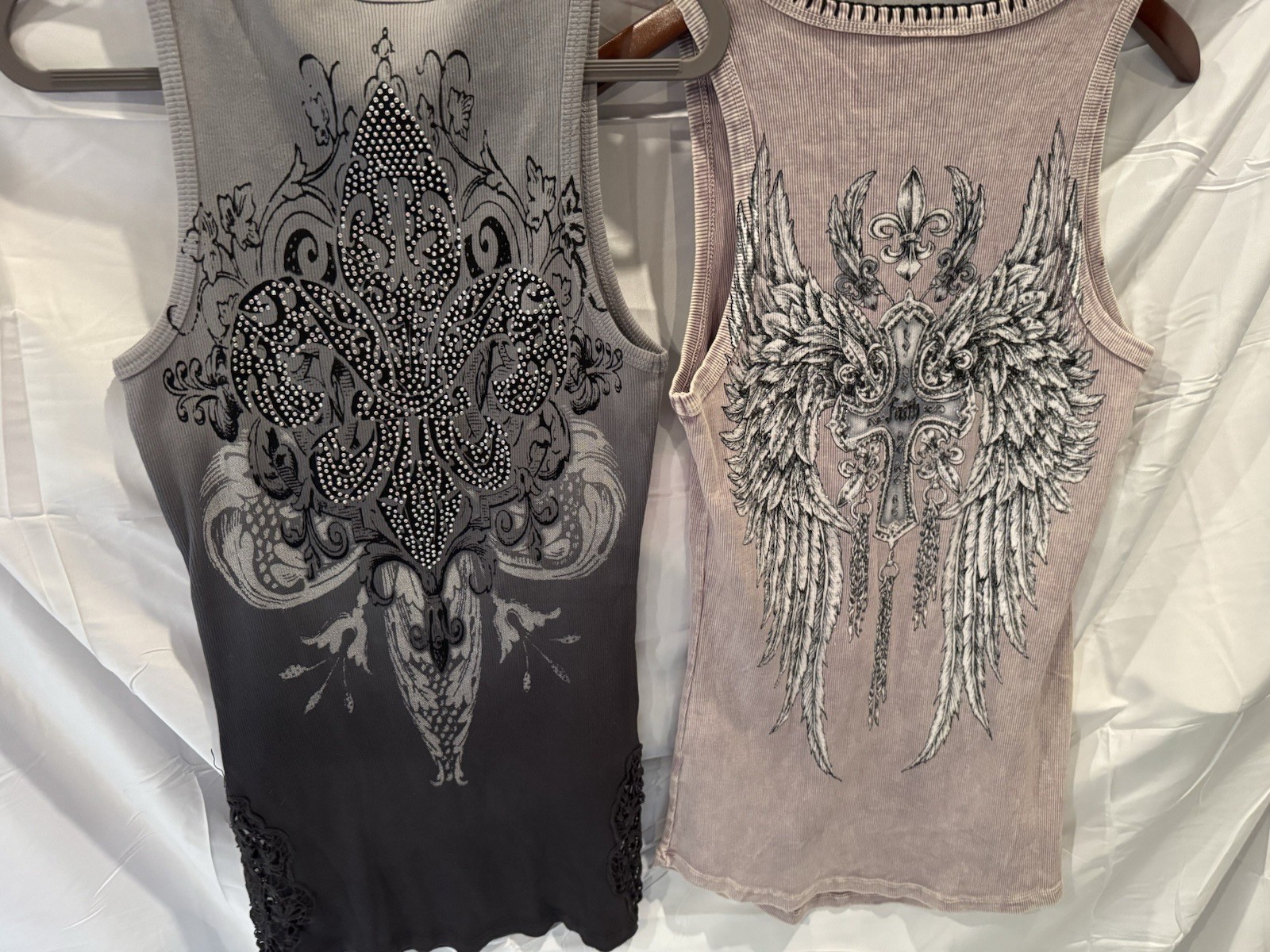 Vocal Women M Sleeveless Knit Graphic Print Angel Tank Rhinestone Lace