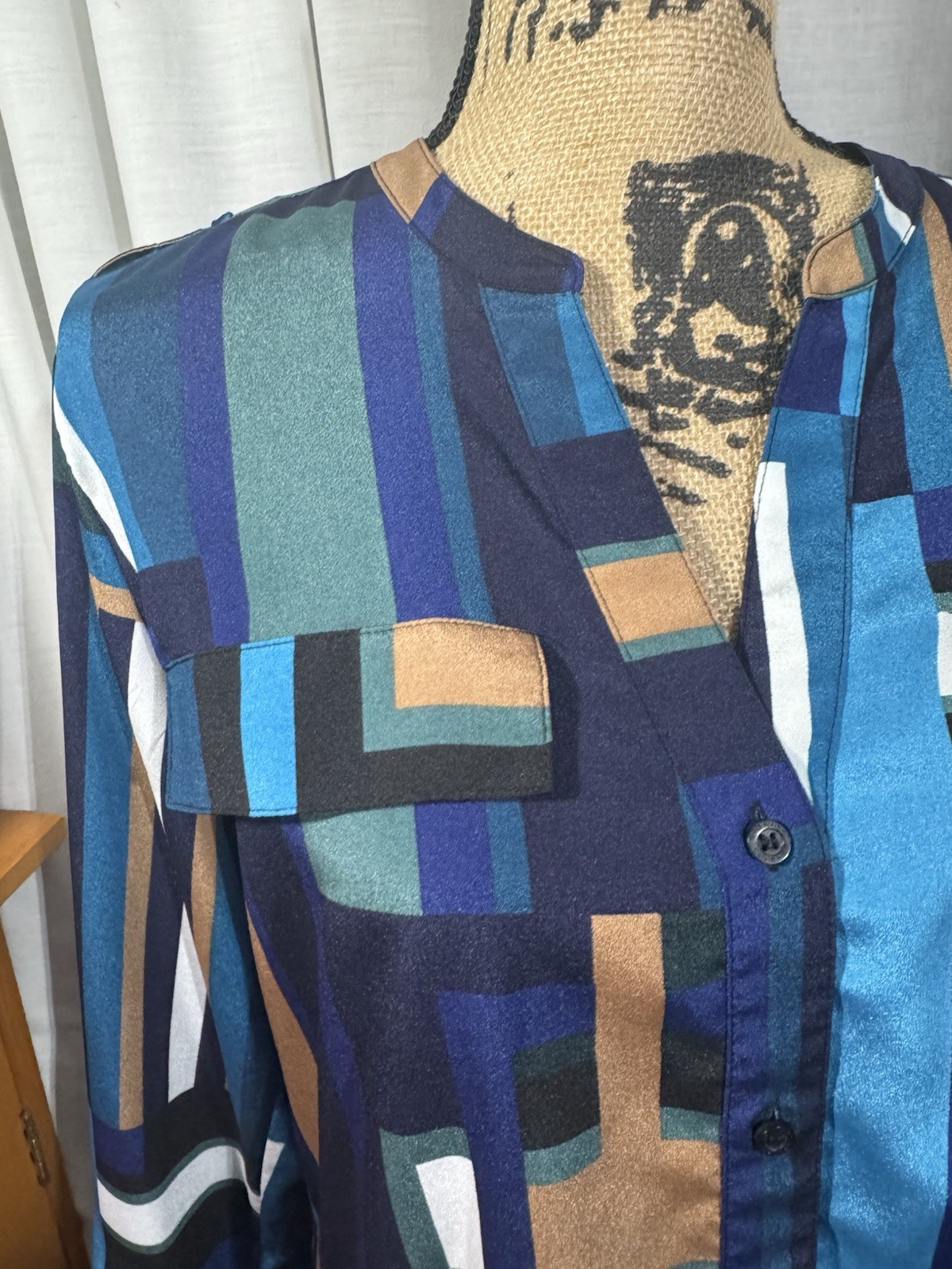 Calvin Klein Medium Long Sleeve Button Up Teal Black Blue Tan Blouse