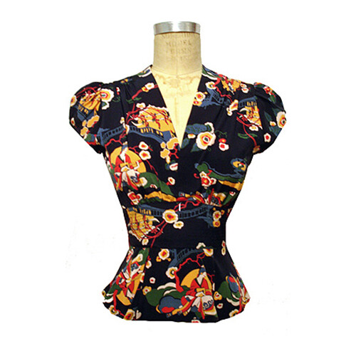 TRASHY DIVA ASHLEY BLOUSE blue geisha Asian novelty print vintage retro style XS