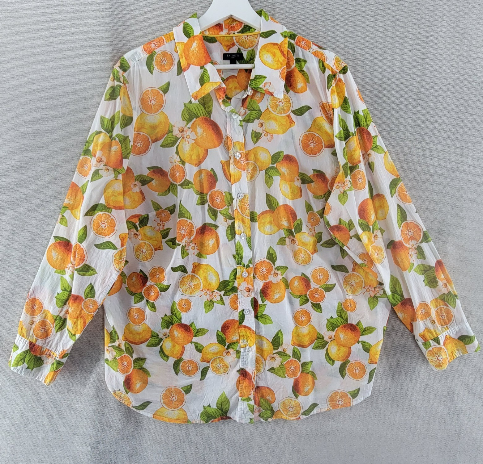 Talbots Womens Top Orange Lemon Print Long Sleeve Coastal Button Up Size 2X