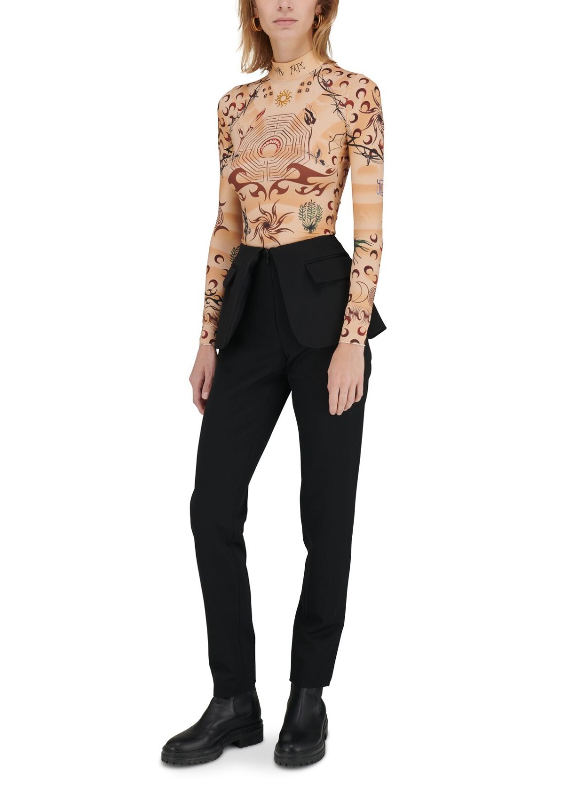 Marine Serre Whiteline Tan Tattoo Moon Logo Print Second Skin Top | Size XL $430