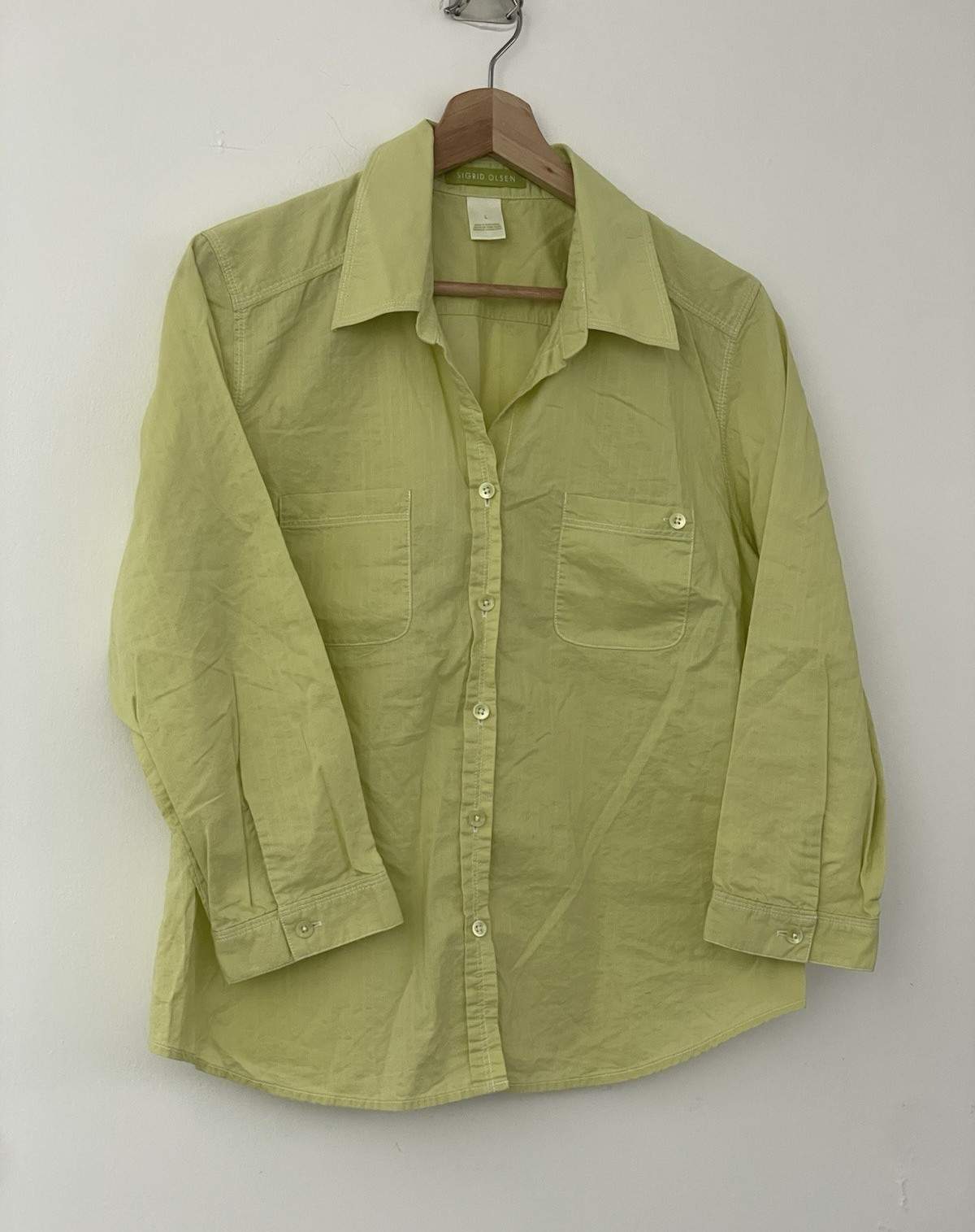 Sigrid Olsen Green Solid Collared Long Sleeve Button-Up Shirt Pockets Size L