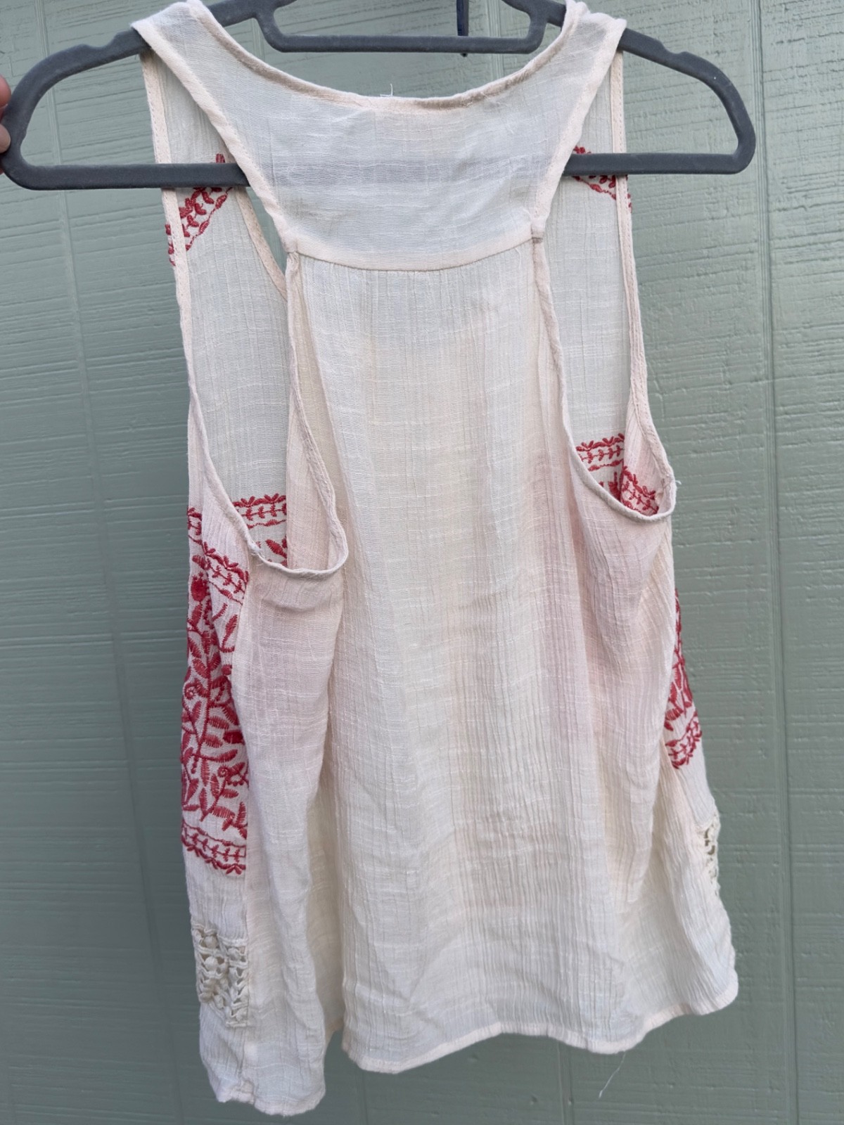 Sheer Gauzy Cream Crochet Top Red Floral Print Embroidery Sleeveless Size Large