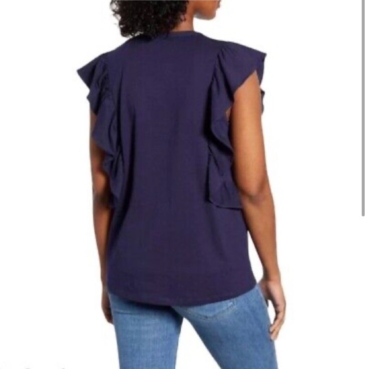 Caslon Navy Blue Embroidered Yoke Lace Trim Ruffle Tank Size Small