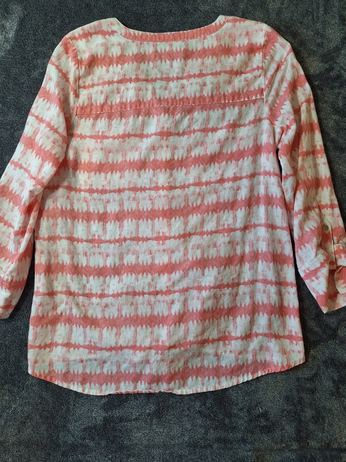 Coral Bay Linen Blend Button Up Blouse Womens Med. Pink White Tye Dye Hippie