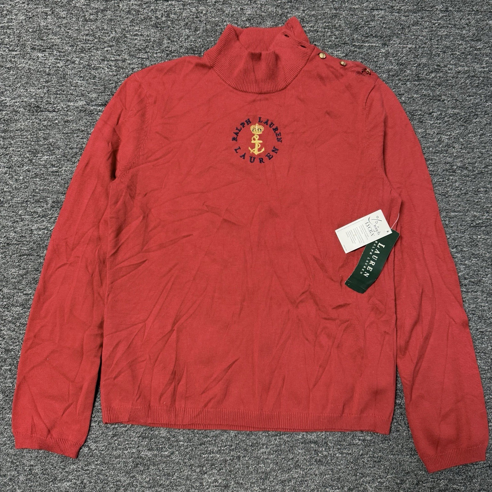 Women’s NWT Ralph Lauren Red Mock Sweater Embroidered Crest Thin Sweater Sz L