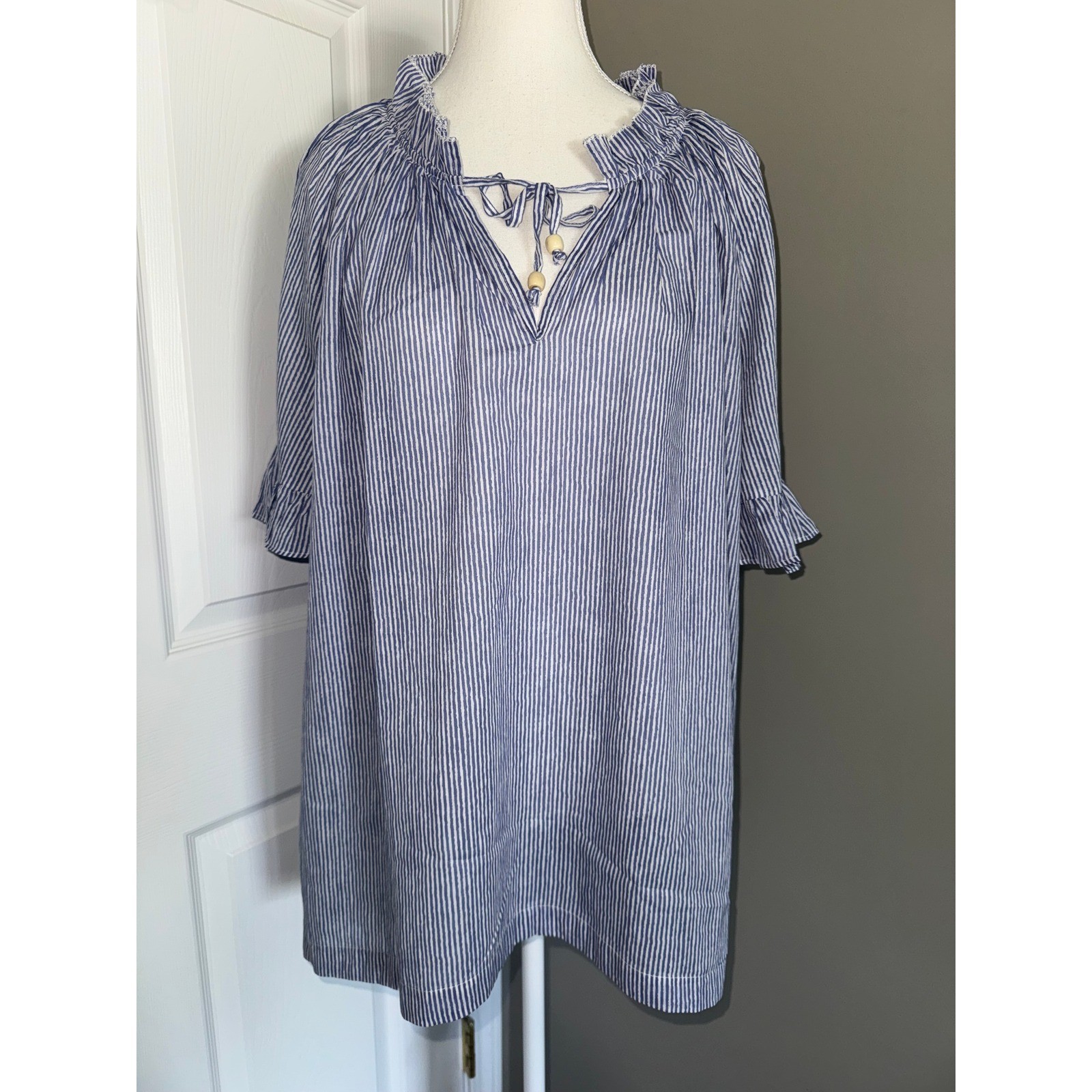 TuckerNuck Womens 3XL Blue White Striped Ruffle Neck Tie Cotton Blouse Top