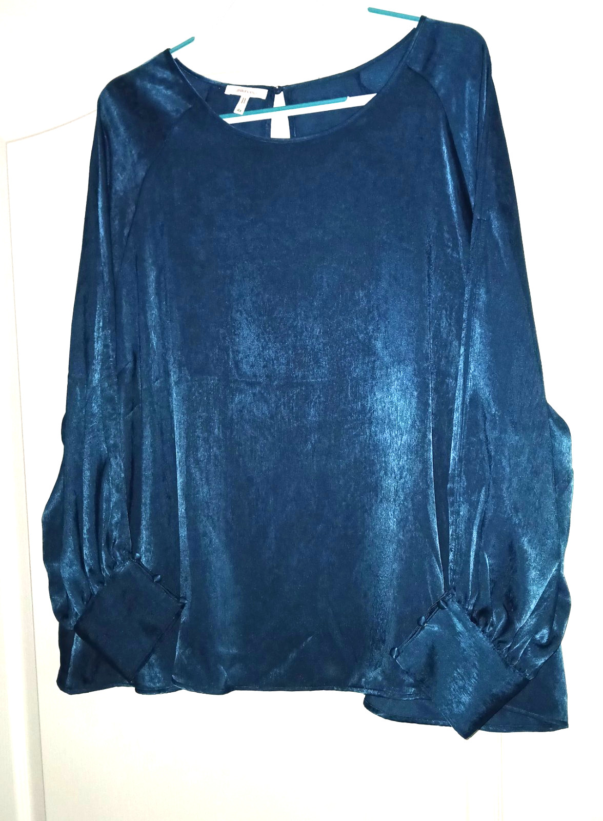 MAURICES 4X Aqua Teal Blue Top Career Blouse Long Cold Shoulder Sleeves Satin
