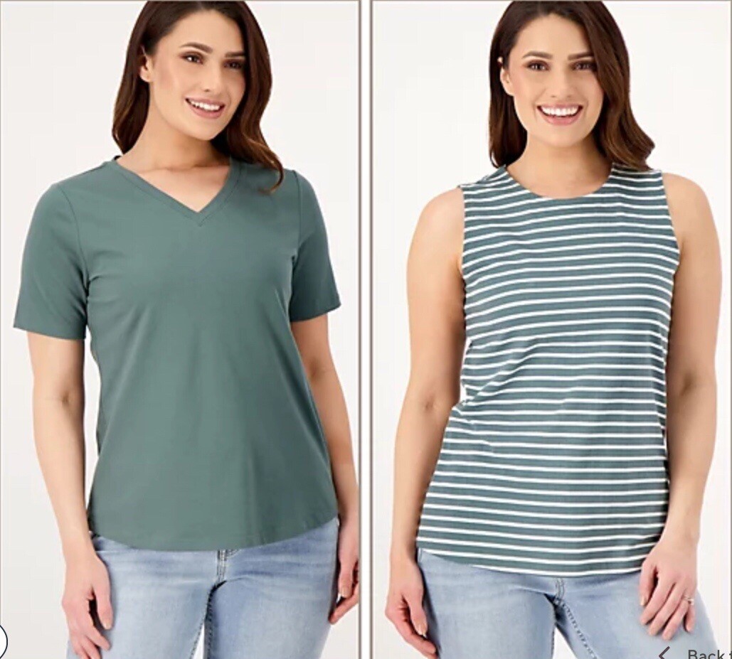 Denim & Co. Essentials Perfect Jersey Striped Tank & Solid Tee Set Deep Pine 2X