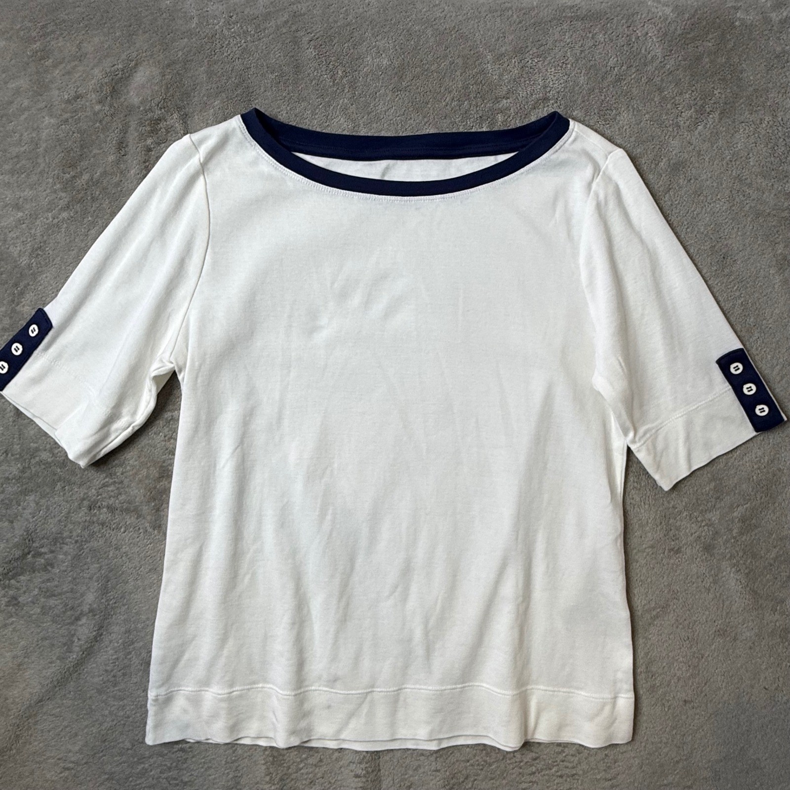Chico’s Pima Cotton Bateau Neck Tee Size M White Nautical Preppy Sailing Sailor