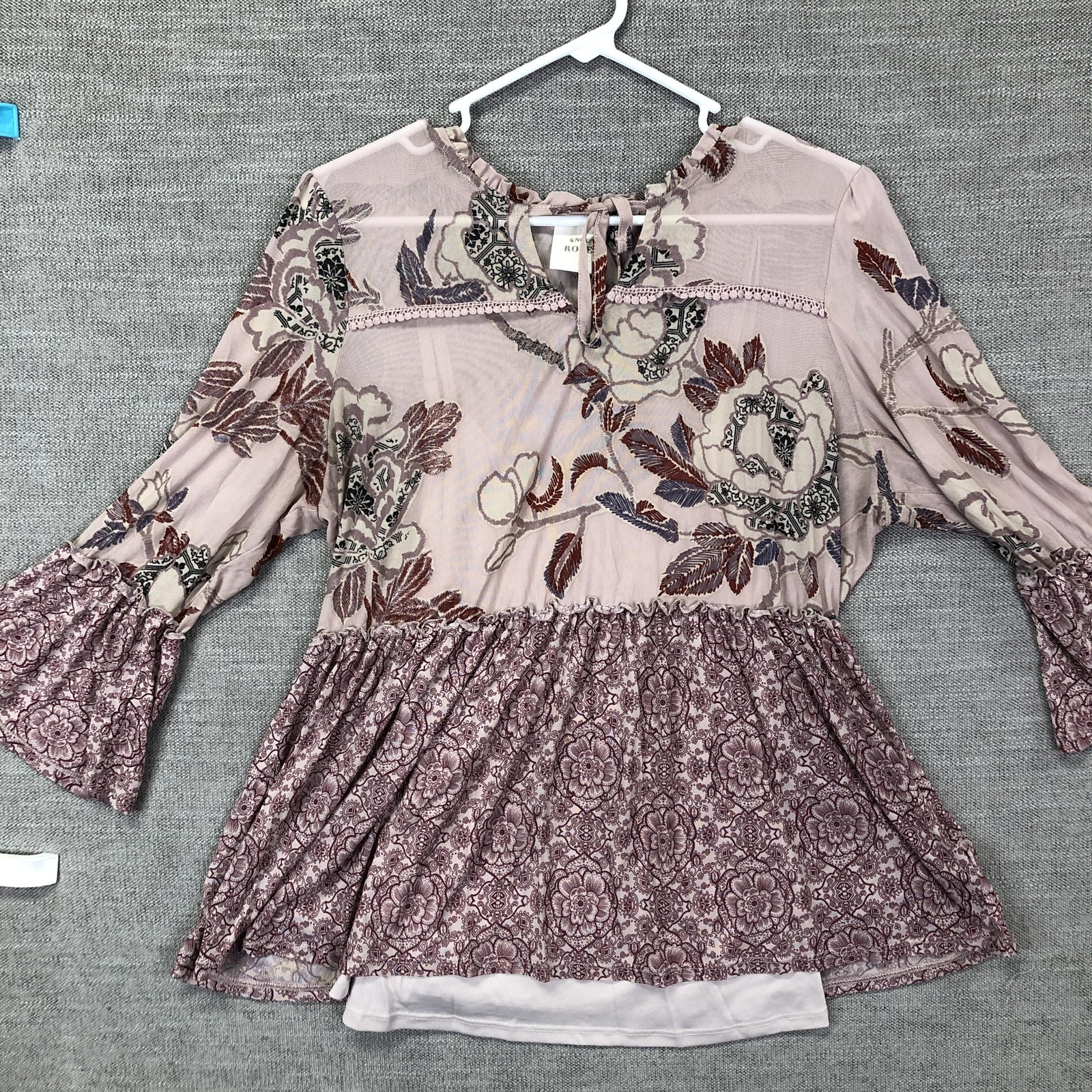Knox Rose Blouse Womens Large Pink Floral Bell Sleeve Boho Peplum Tunic Top