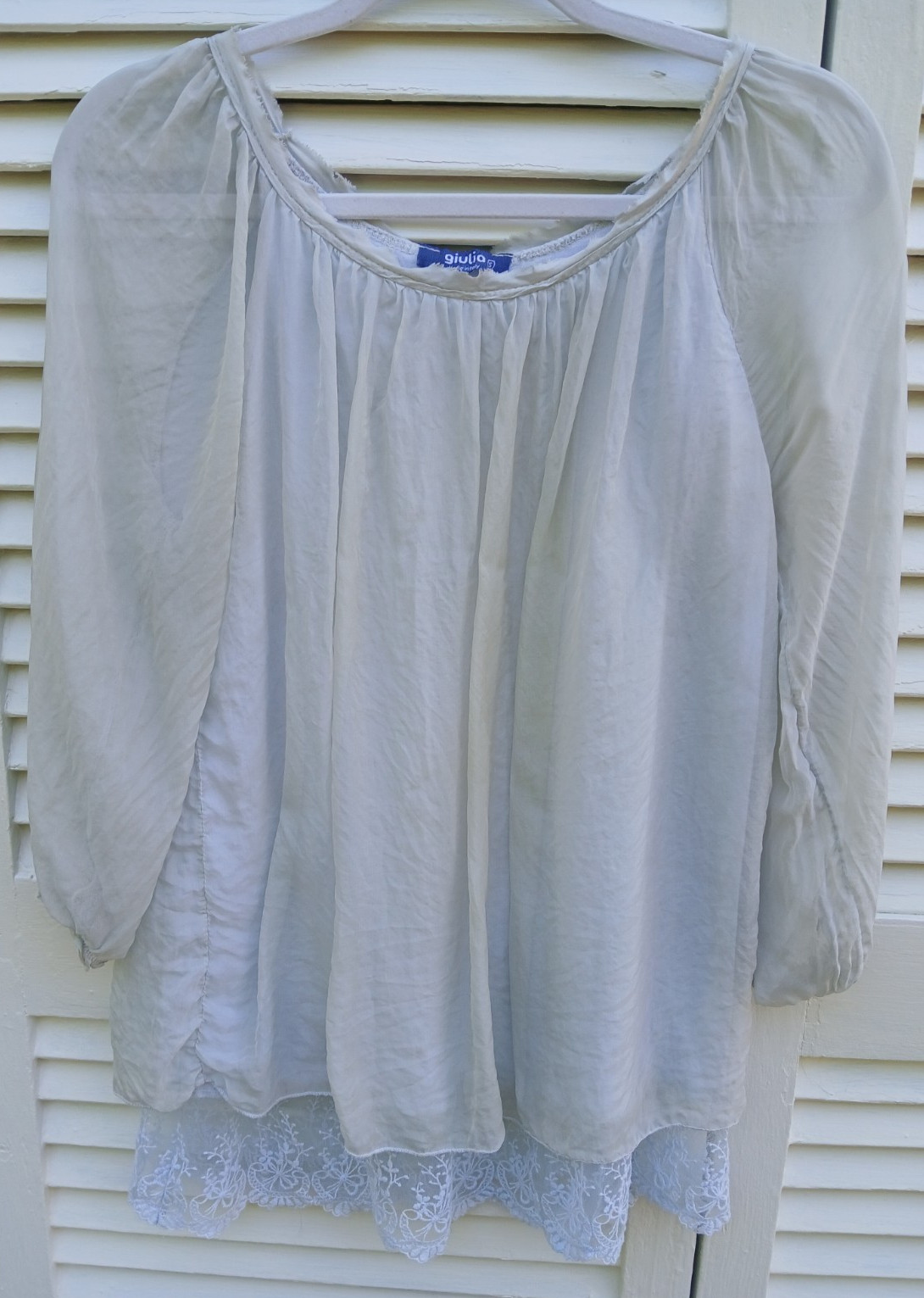 Giulia Silk Blouse with Viscose Lining, S, Italy, Sheer, Layered, Lace Trim