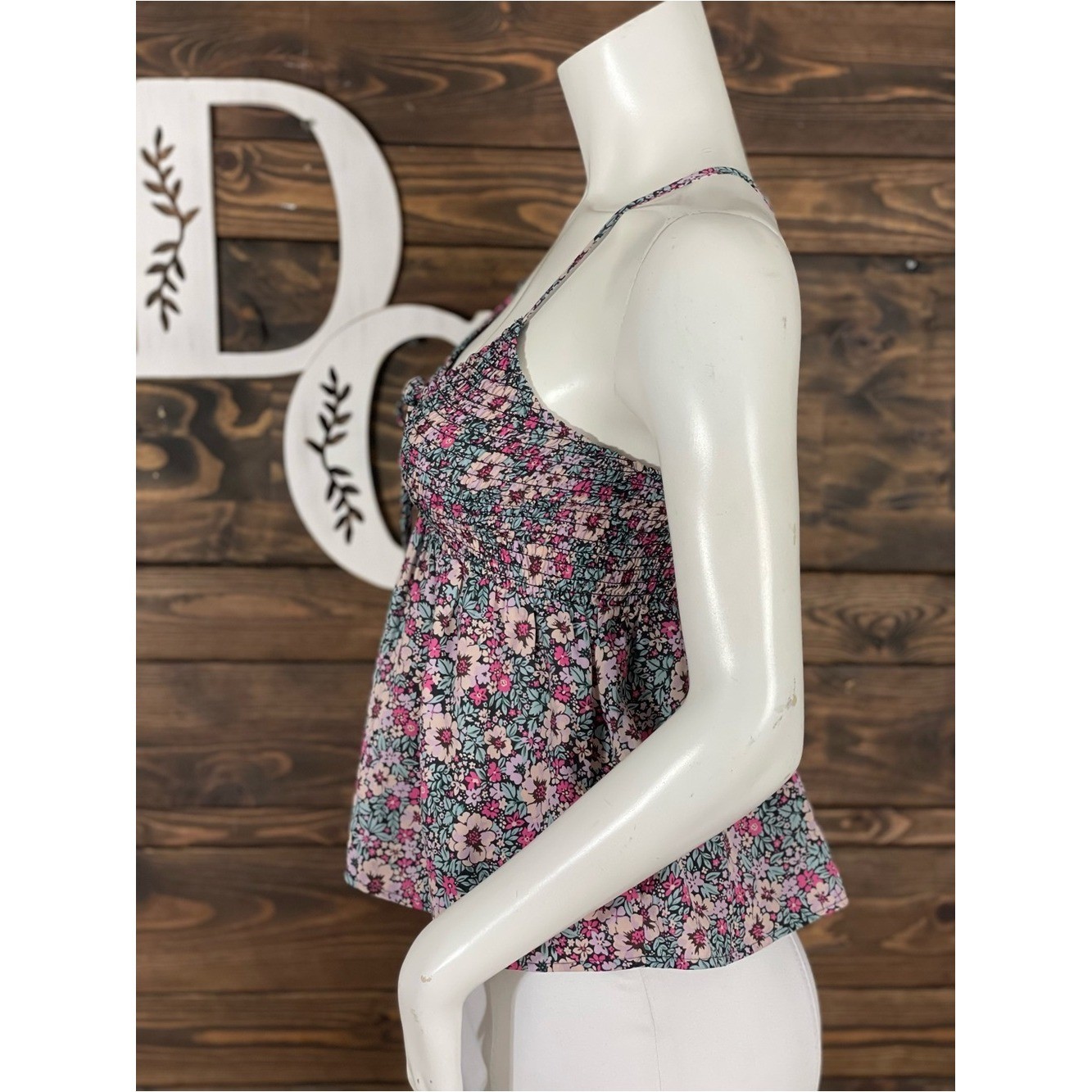 American Eagle Pink Floral Smocked Tie-Front Cami Split Keyhole Peplum Babydoll
