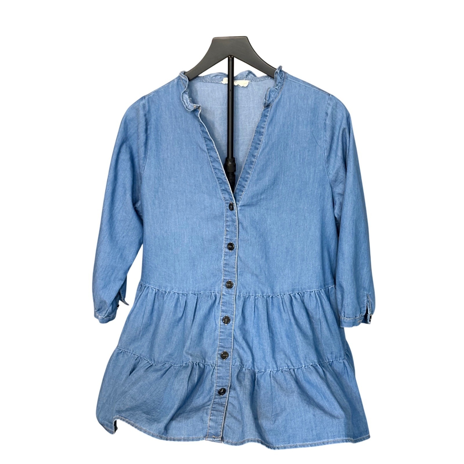 Entro Blue Chambray Tiered Babydoll Tunic Top Ruffle Neck Button Front Size M