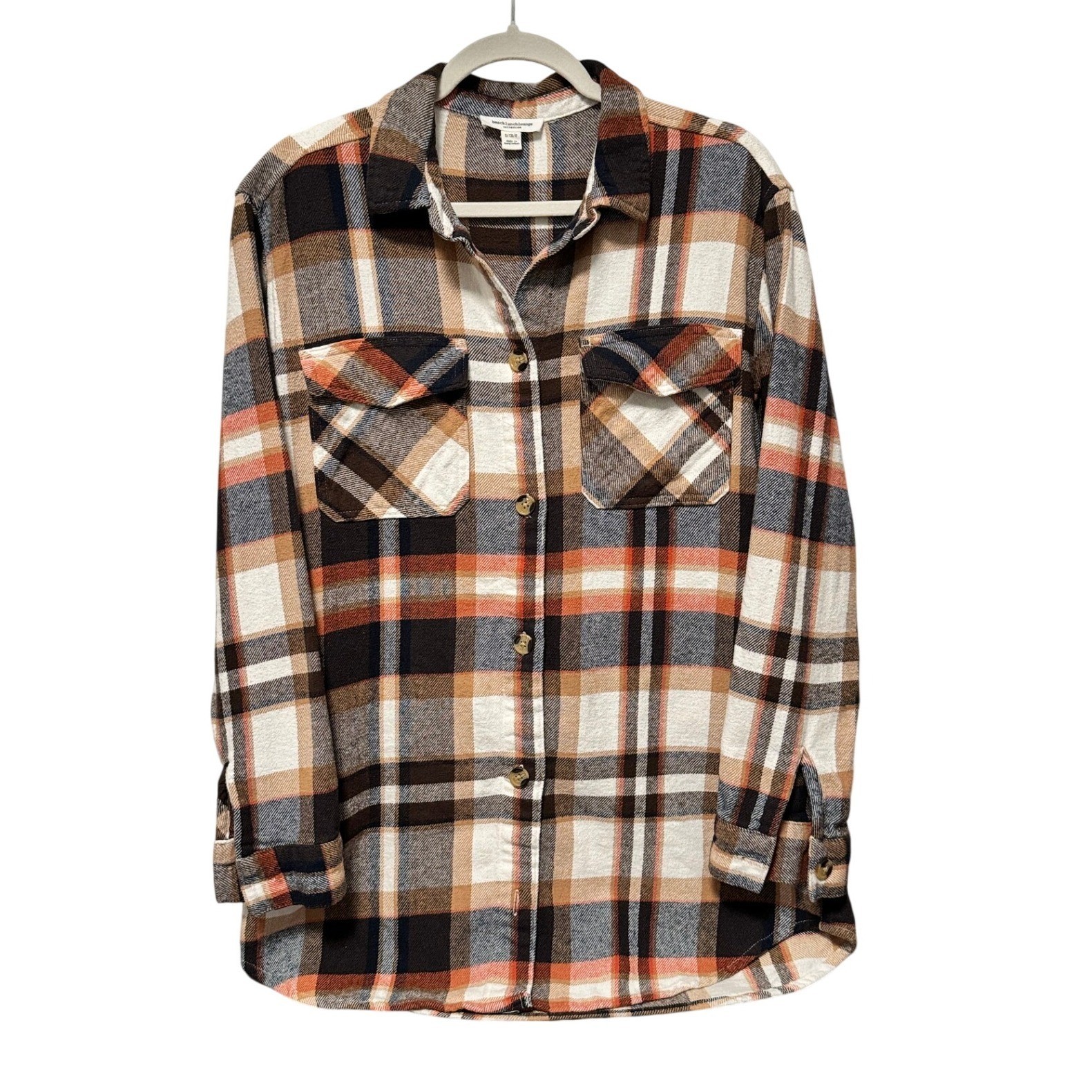 Womens Plaid Flannel Shirt Jacket BeachLoungeLunch Orange Brown White