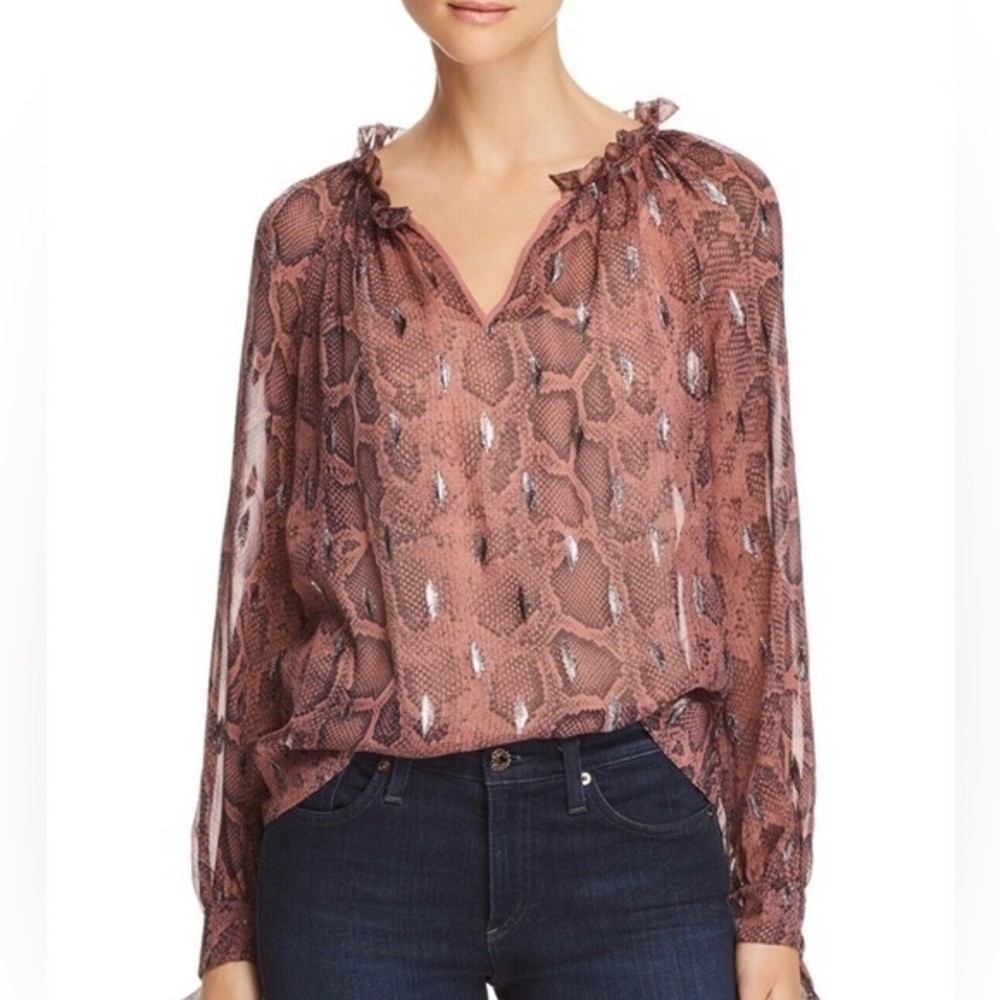 REBECCA TAYLOR Silk Maroon Ruffled Snake Print Long Sleeve Blouse Size‎ 10
