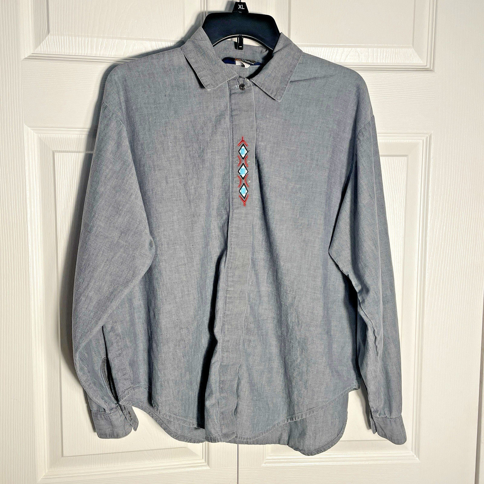 Vintage Panhandle Slim Western Shirt Women L Blue Aztec 90s Embroidered Detail