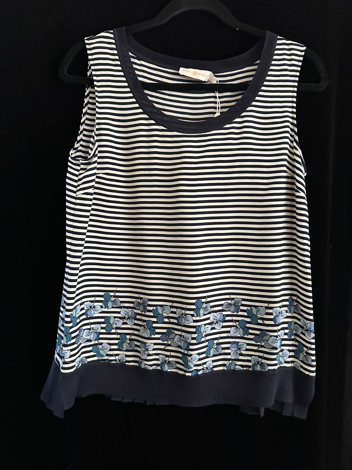 Tory Burch Women’s Silk Reese shell striped and flora Blouse,navy chiffon trim,