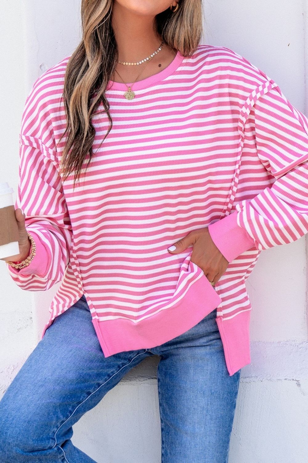 SYNZ Women’s Striped & Textured Knit Split Hem Long Sleeve Top, S to XL